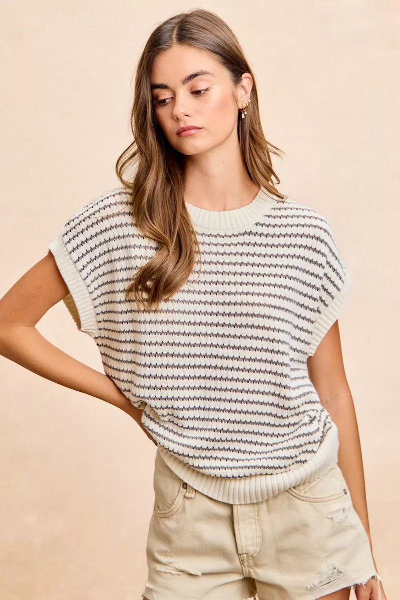 BiBi Pointelle Stripes Sleeveless Drop Shoulder Lightweight Sweater Top