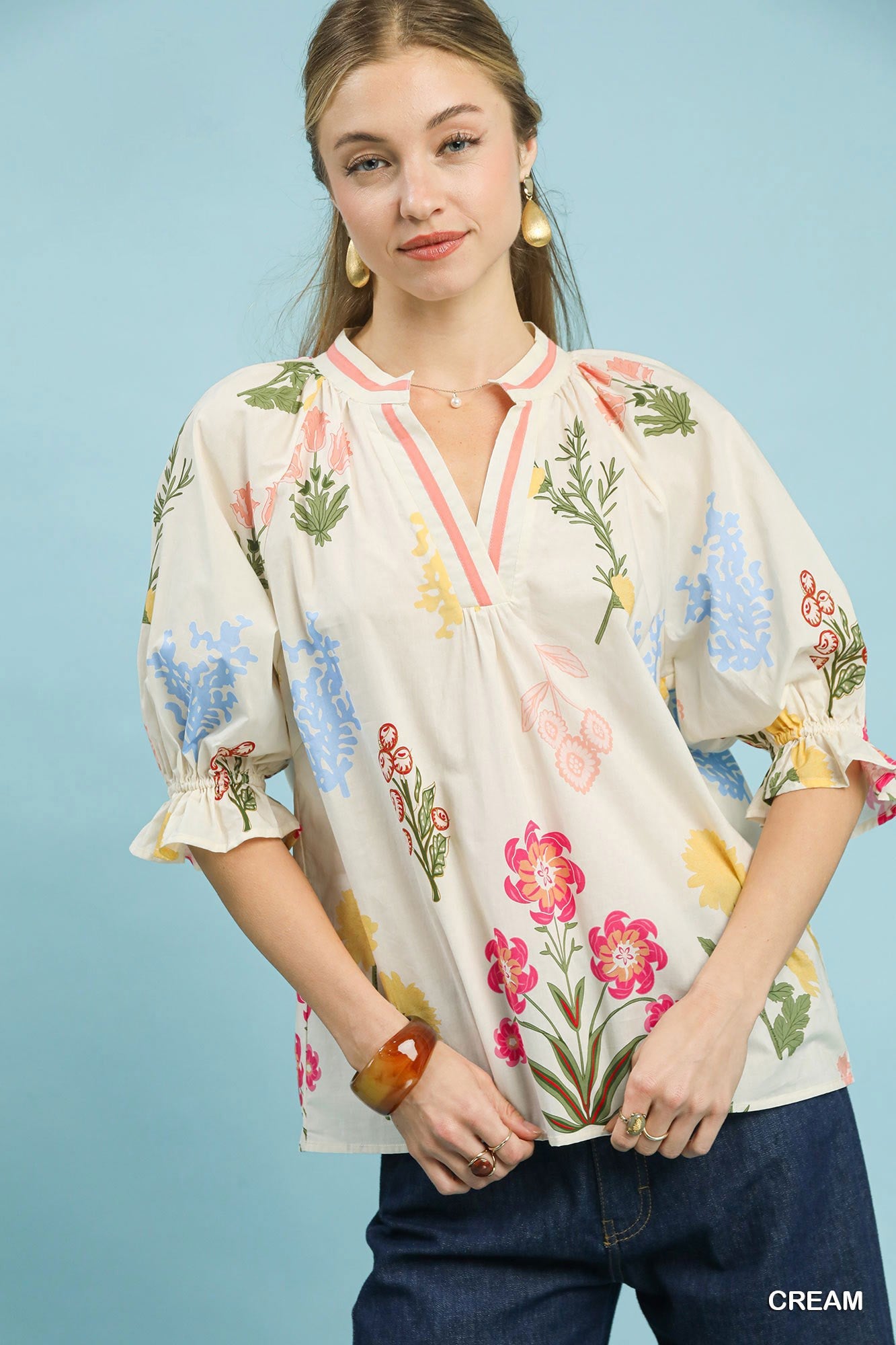 Umgee Floral Split Neck Puff Sleeve Top