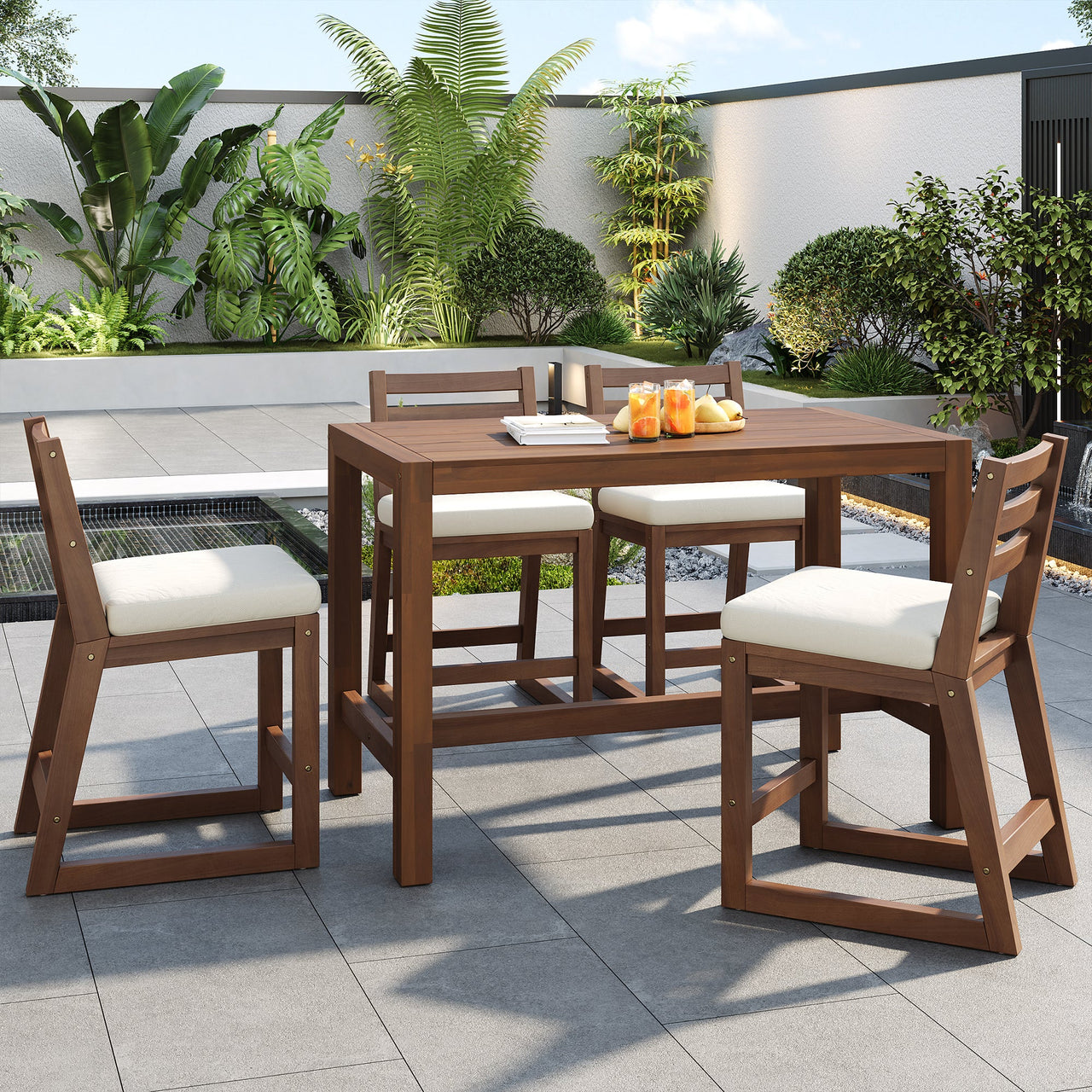 TREXM Rustic Patio Bar Set with Ergonomic Chairs, Solid Wood Slatted Tabletop in Mocha+Beige Cushion