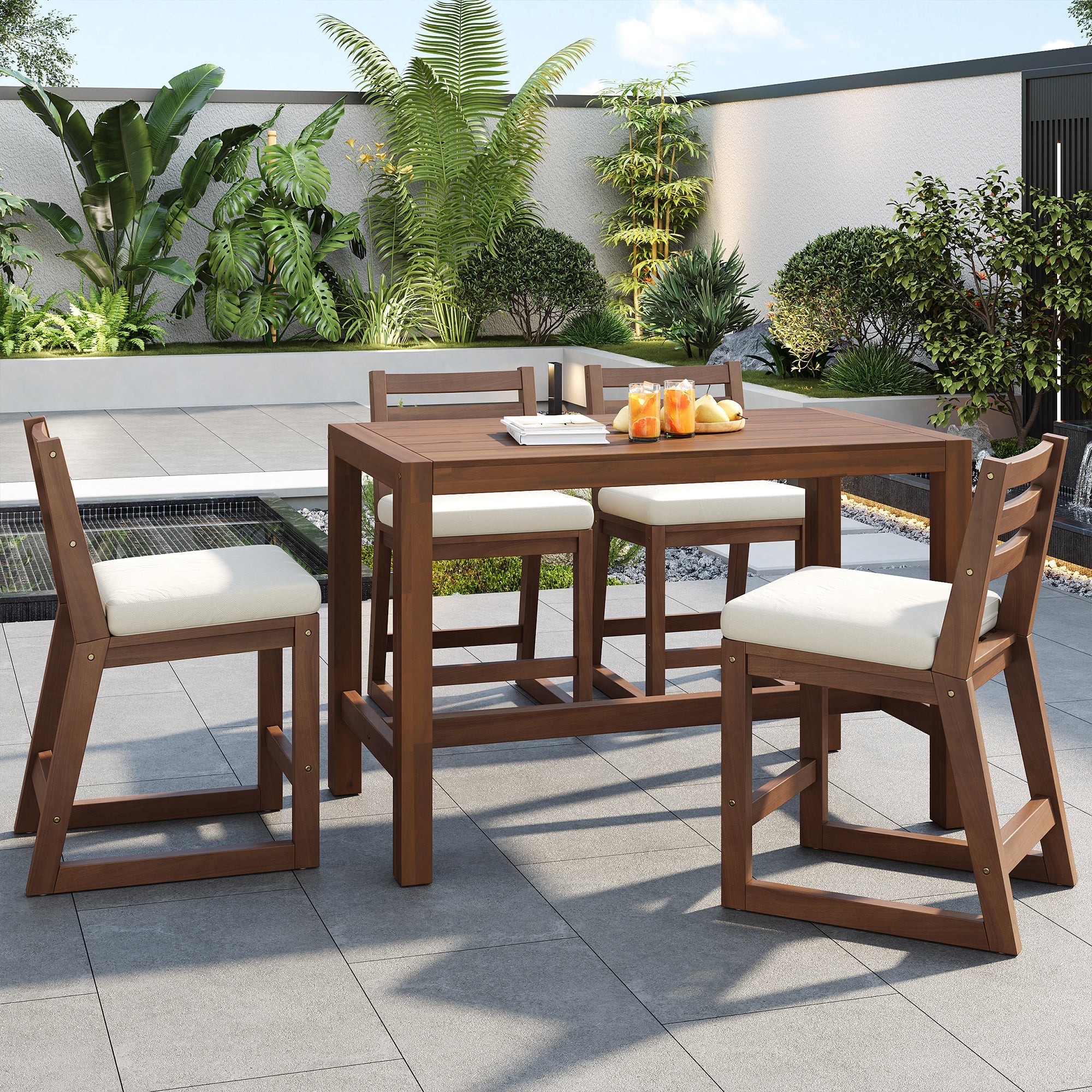 TREXM Rustic Patio Bar Set with Ergonomic Chairs, Solid Wood Slatted Tabletop in Mocha+Beige Cushion