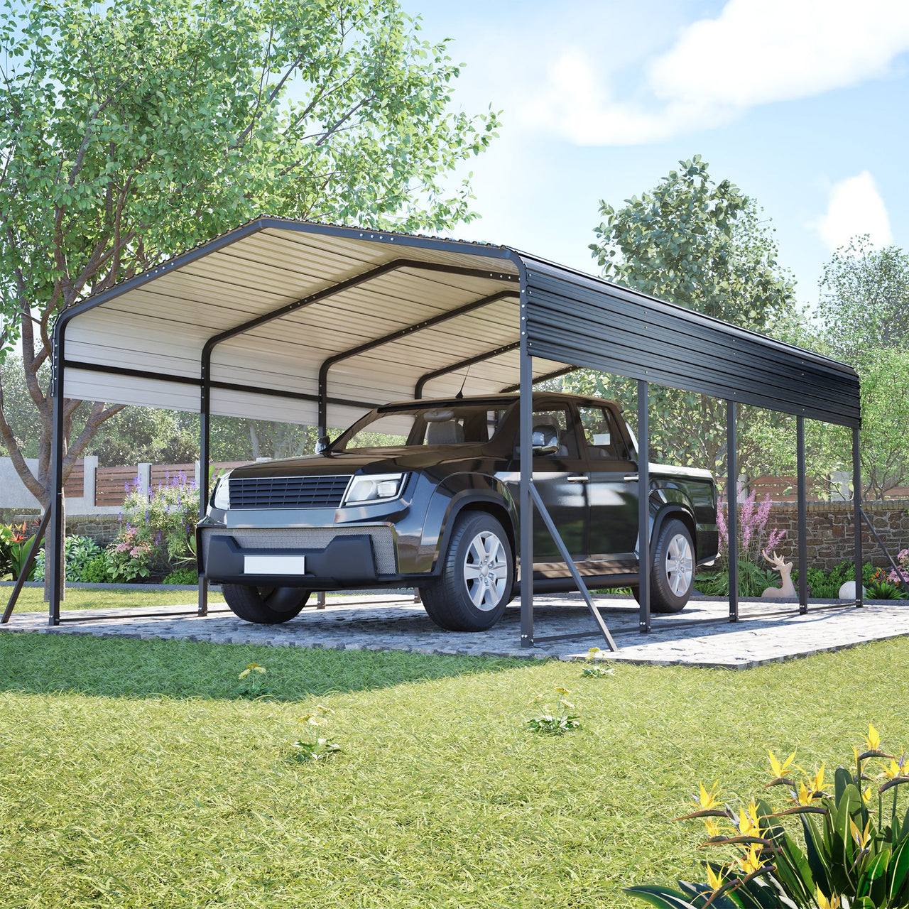 13x20 FT Metal Carport,Garage with Upgraded Triangle Reinforced Frame&4 Poles,Galvanized Steel Hardtop Roof,Heavy-Duty All-Weather Shelter for Car,Truck,Boat,Outdoor Storage