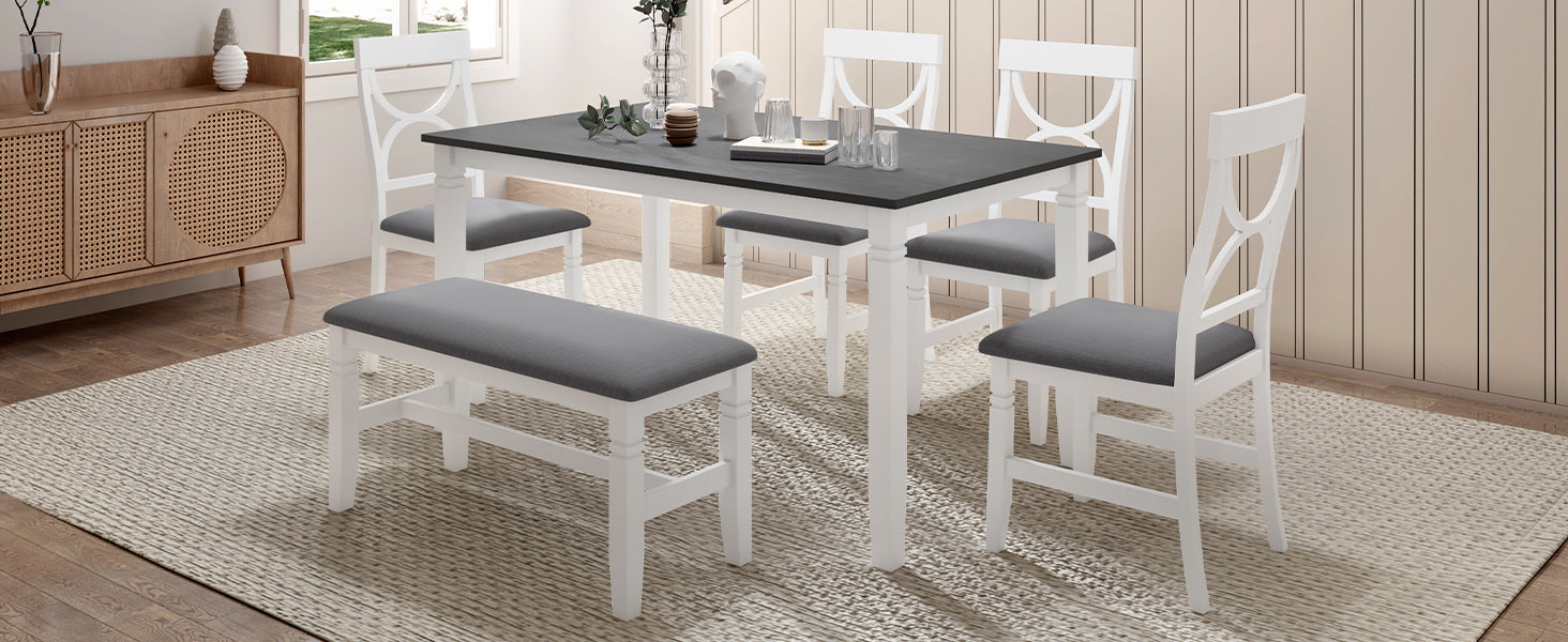 TOPMAX 6-Piece Wood Dining Table Set Kitchen Table Set with Upholstered Bench and 4 Dining Chairs, Farmhouse Style,Gray+White (old sku: SP000003AAK)