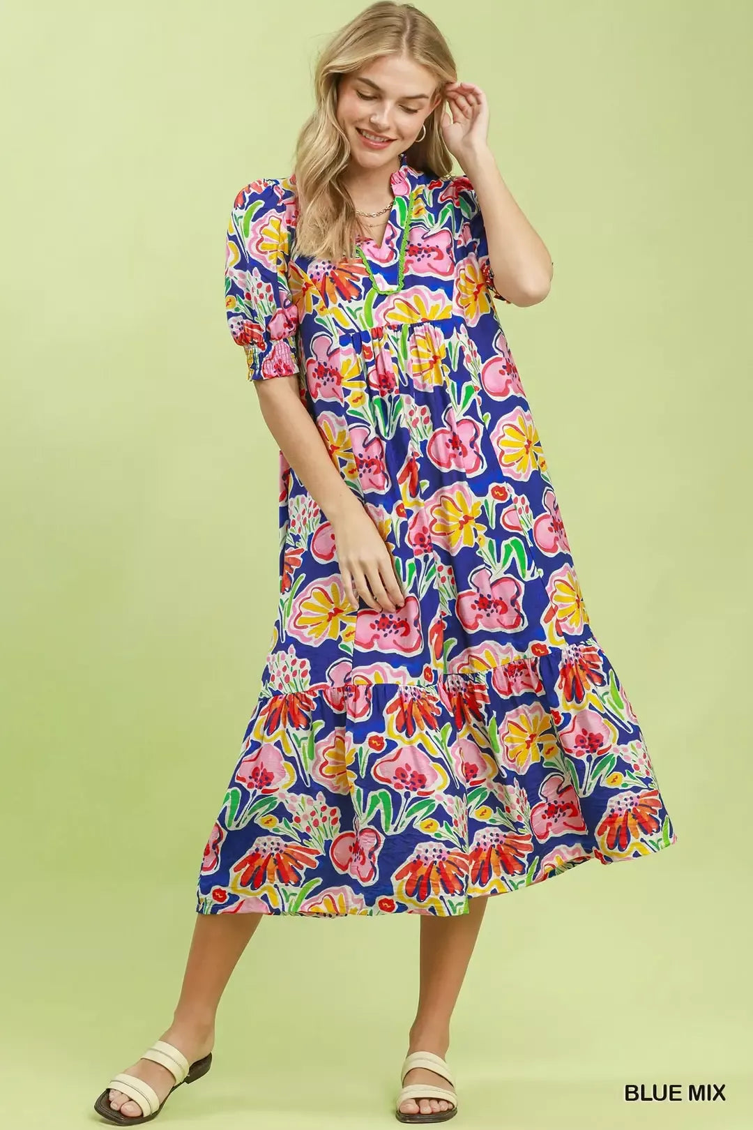 Umgee Floral Print Puff Sleeve Tiered Midi Dress
