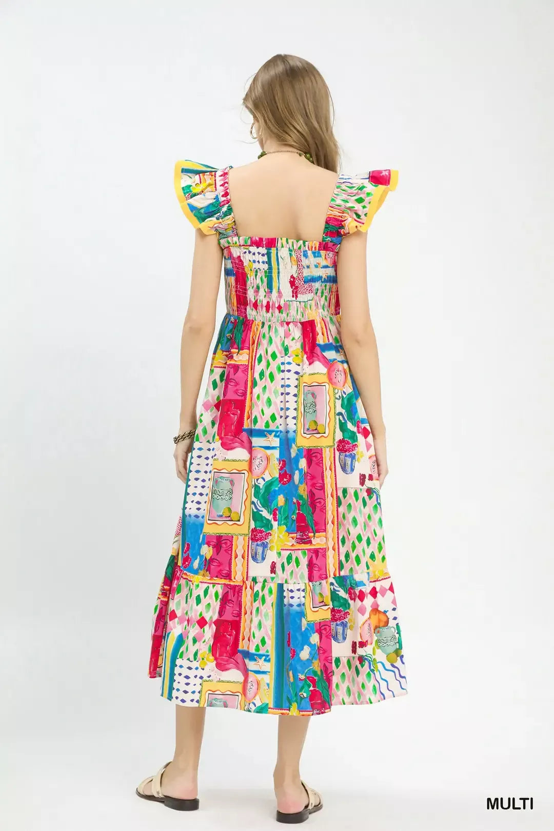 Umgee Abstract Print Smocked Ruffle Sleeve Tiered Midi Dress