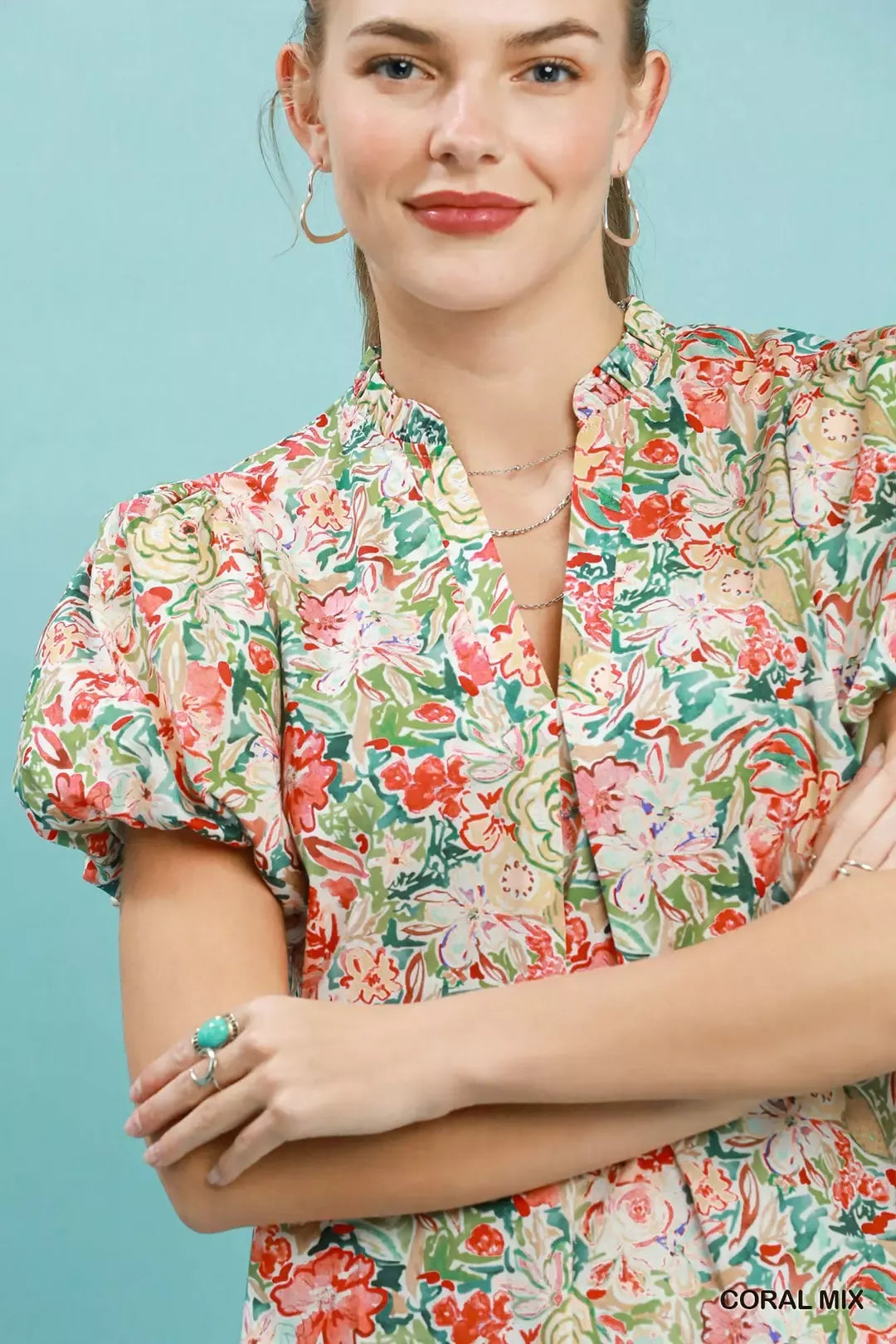Umgee Floral Puff Sleeve Blouse