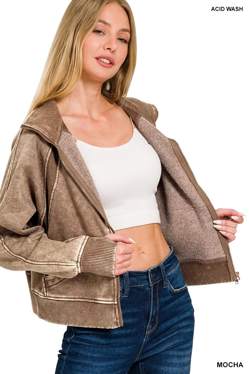 Zenana Acid Wash Zip Up Fleece Jacket