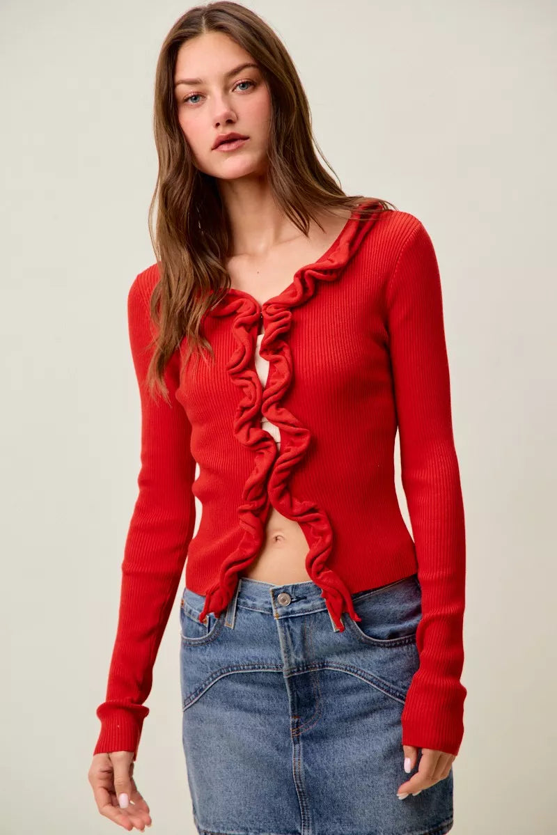 SO ME Cascade Ruffle Ribbed Sweater Cardgian