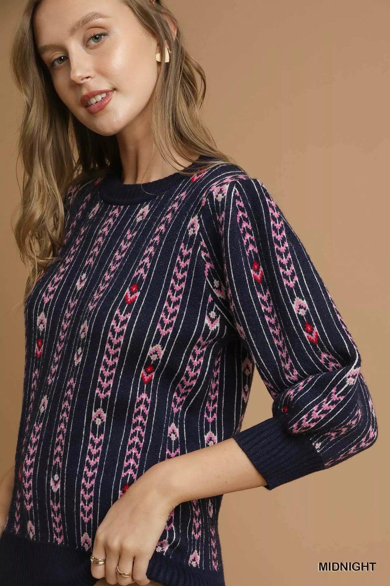 Umgee Jacquard Knit Puff Sleeve Sweater