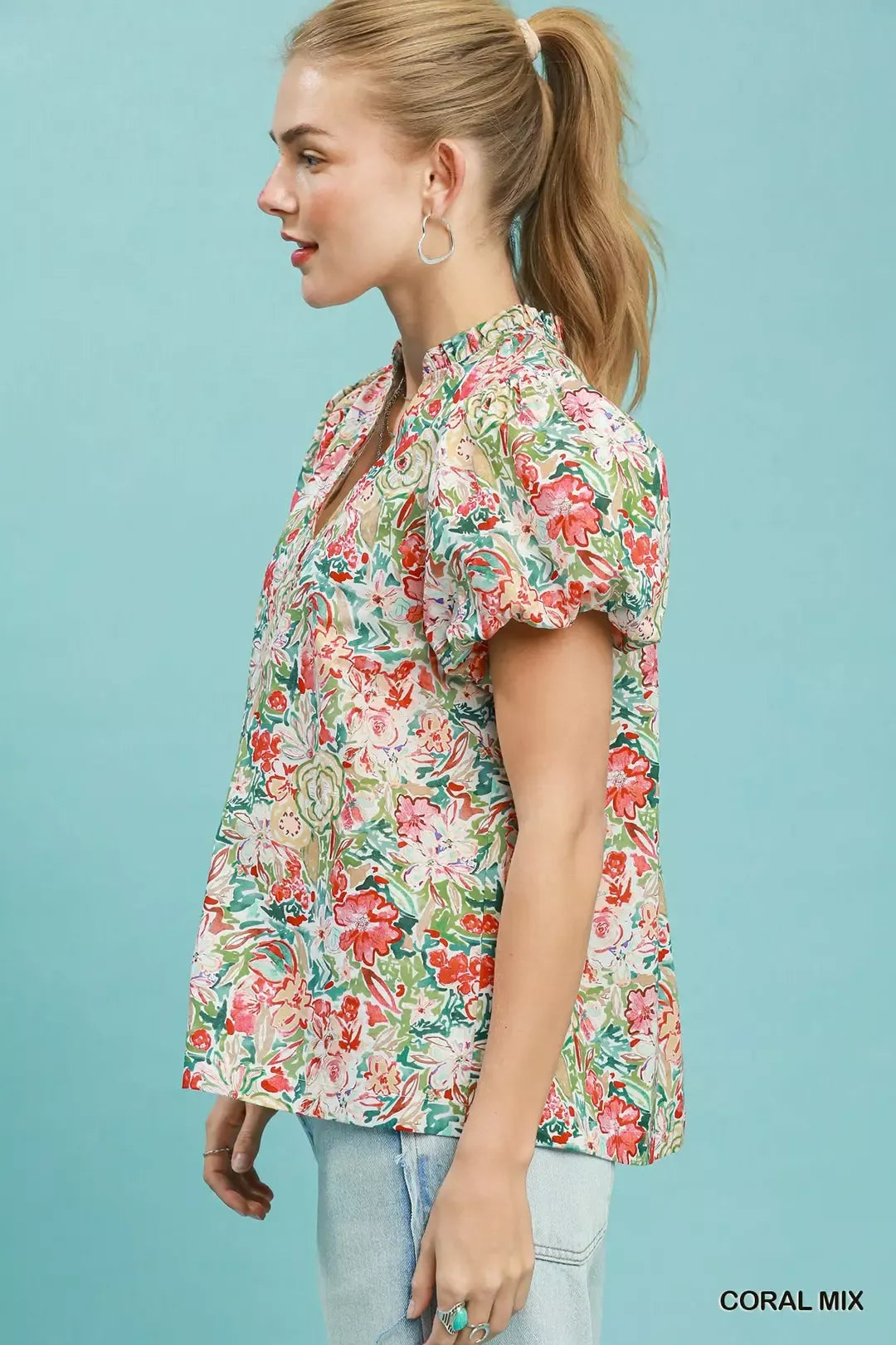 Umgee Floral Puff Sleeve Blouse