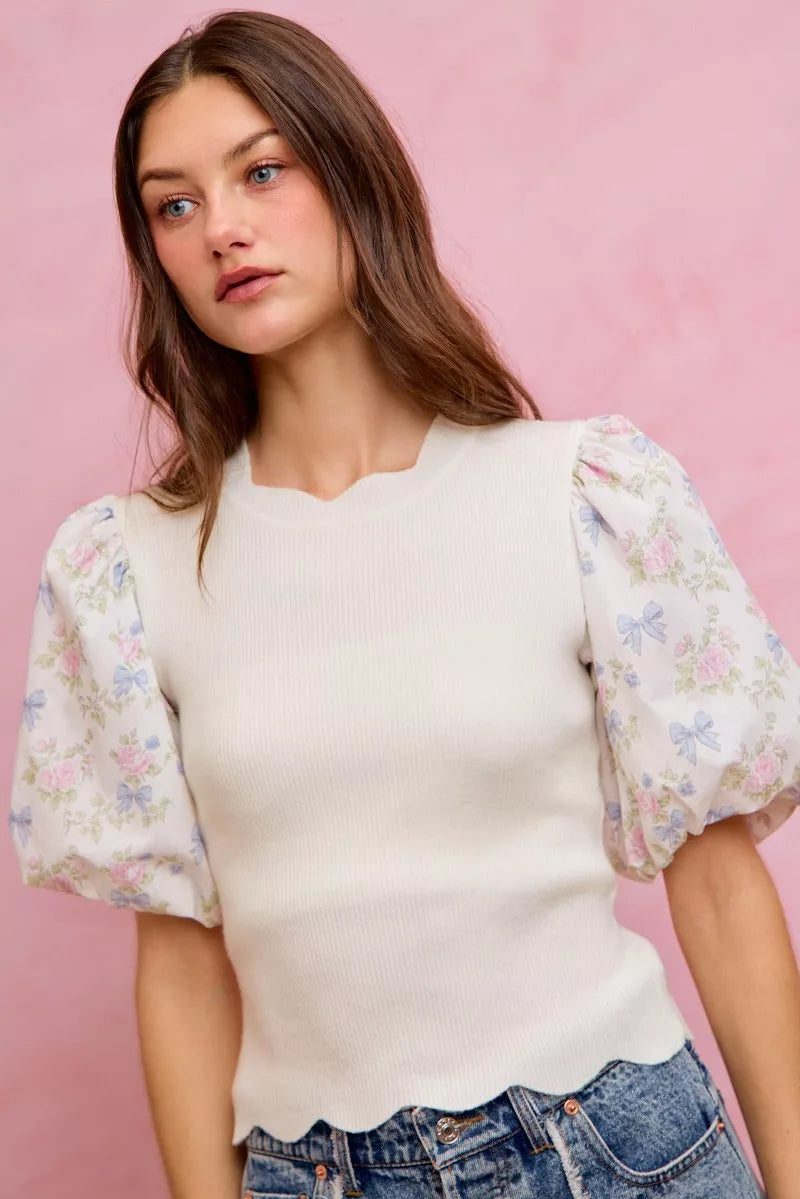 SO ME Floral Cotton Contrast Sleeves Scallop Sweater Top