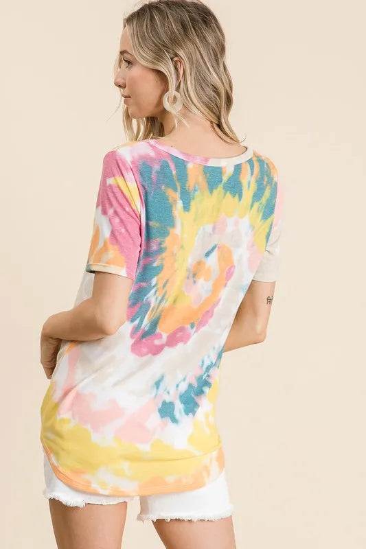 BiBi Circular Tie Dye Print V Neck Top