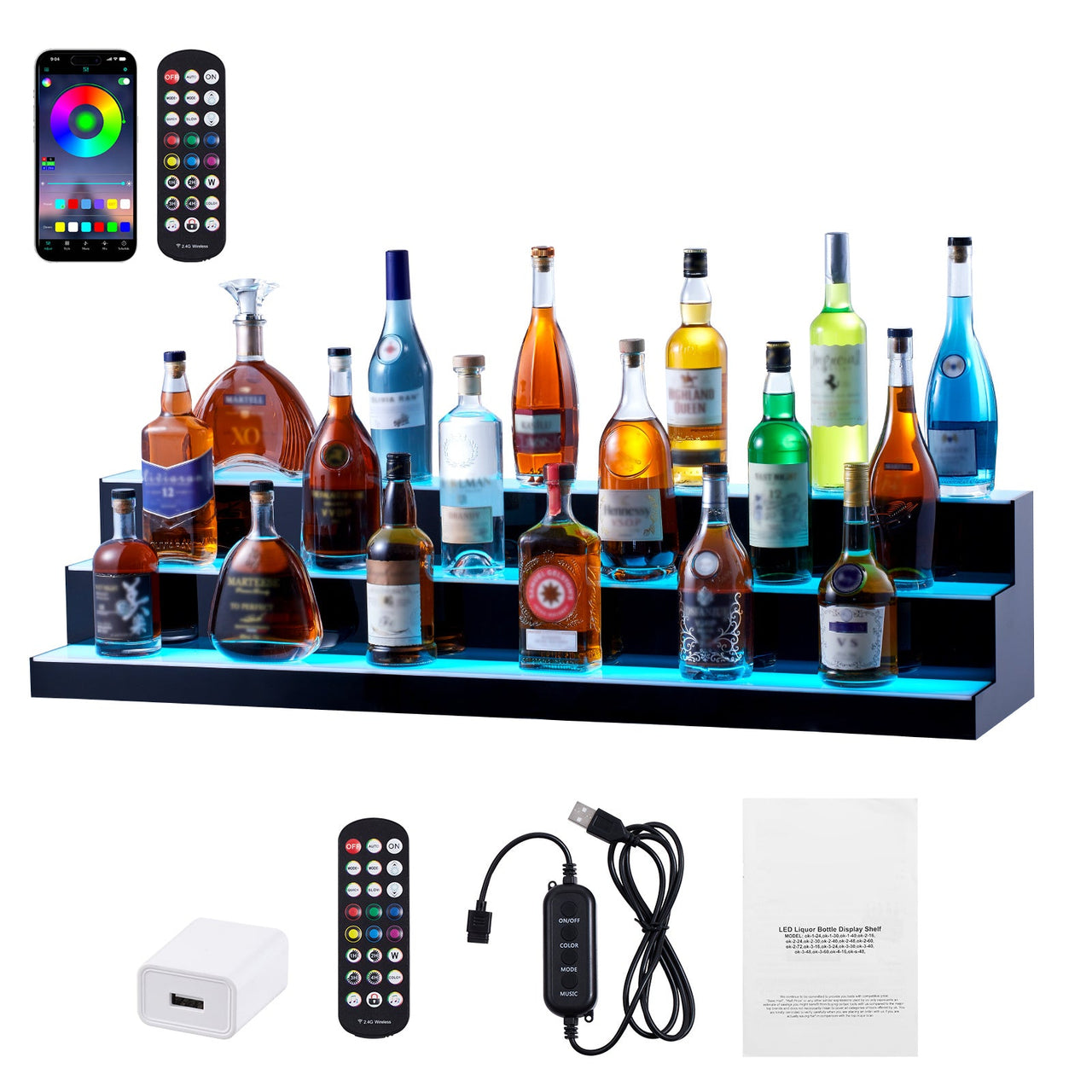 LED Lighted Liquor Bottle Display Bar Shelf RF & App Control 48' 3-Step