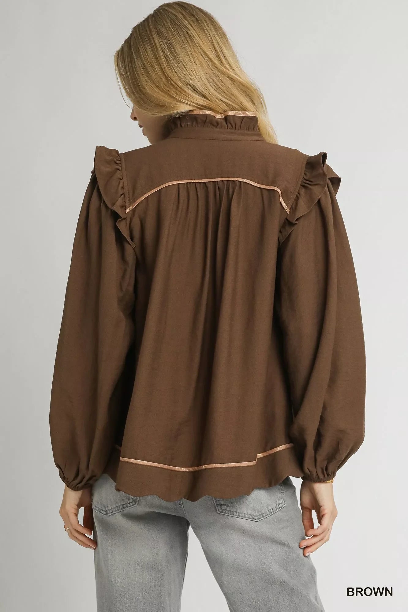 Umgee Ruffle Shoulder Long Sleeve Blouse