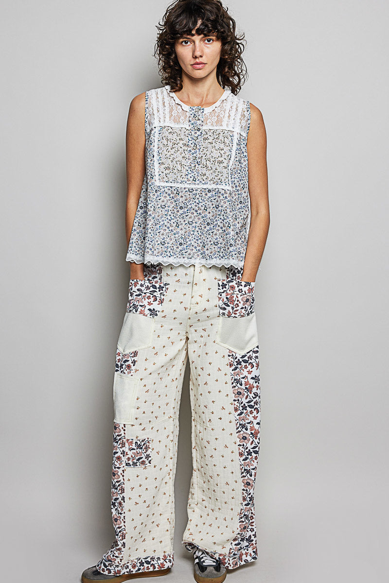 POL Printed Woven Lace Back Round Neck Sleeveless Top