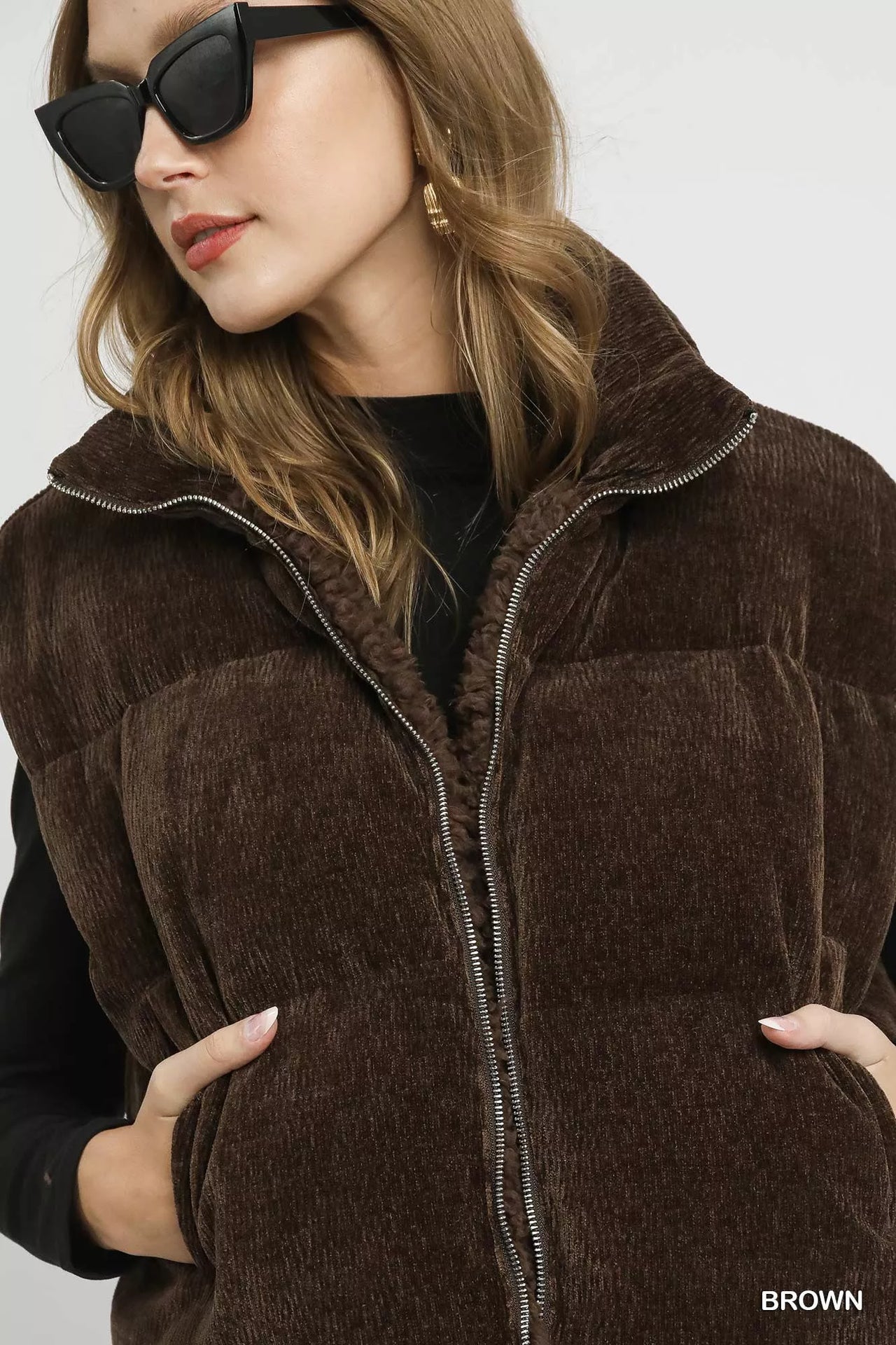 Umgee Sherpa-Lined Zip Vest with Drawstring Hem