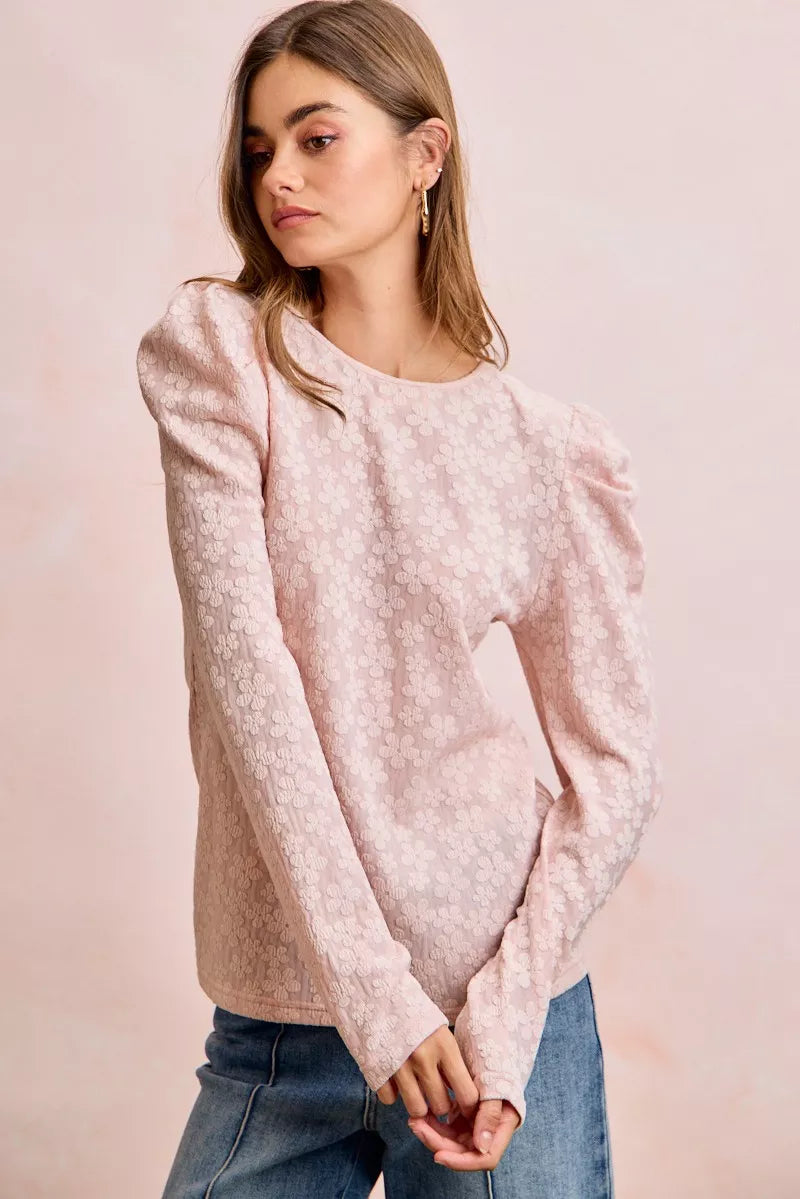 BiBi Textured Flower Knit Puff Shoulder Top