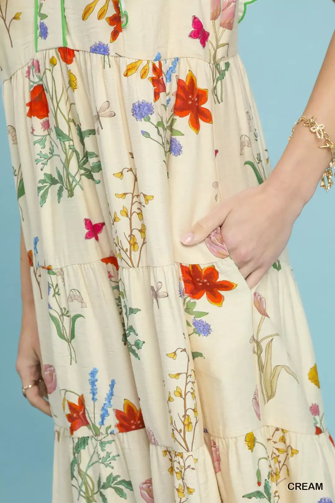 Umgee Floral Ruffle Tiered Midi Dress with Scalloped Detail
