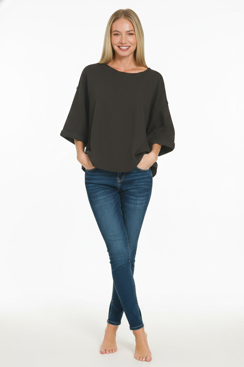 Zenana Double Knit Exposed Seam Curved Hem Top
