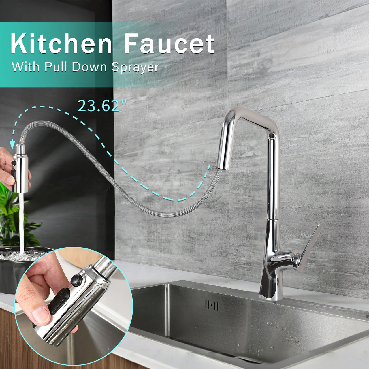 Professional Chrome Kitchen Faucet - 3 Function 360 Sprayer with One Touch Switching, Metal Construction