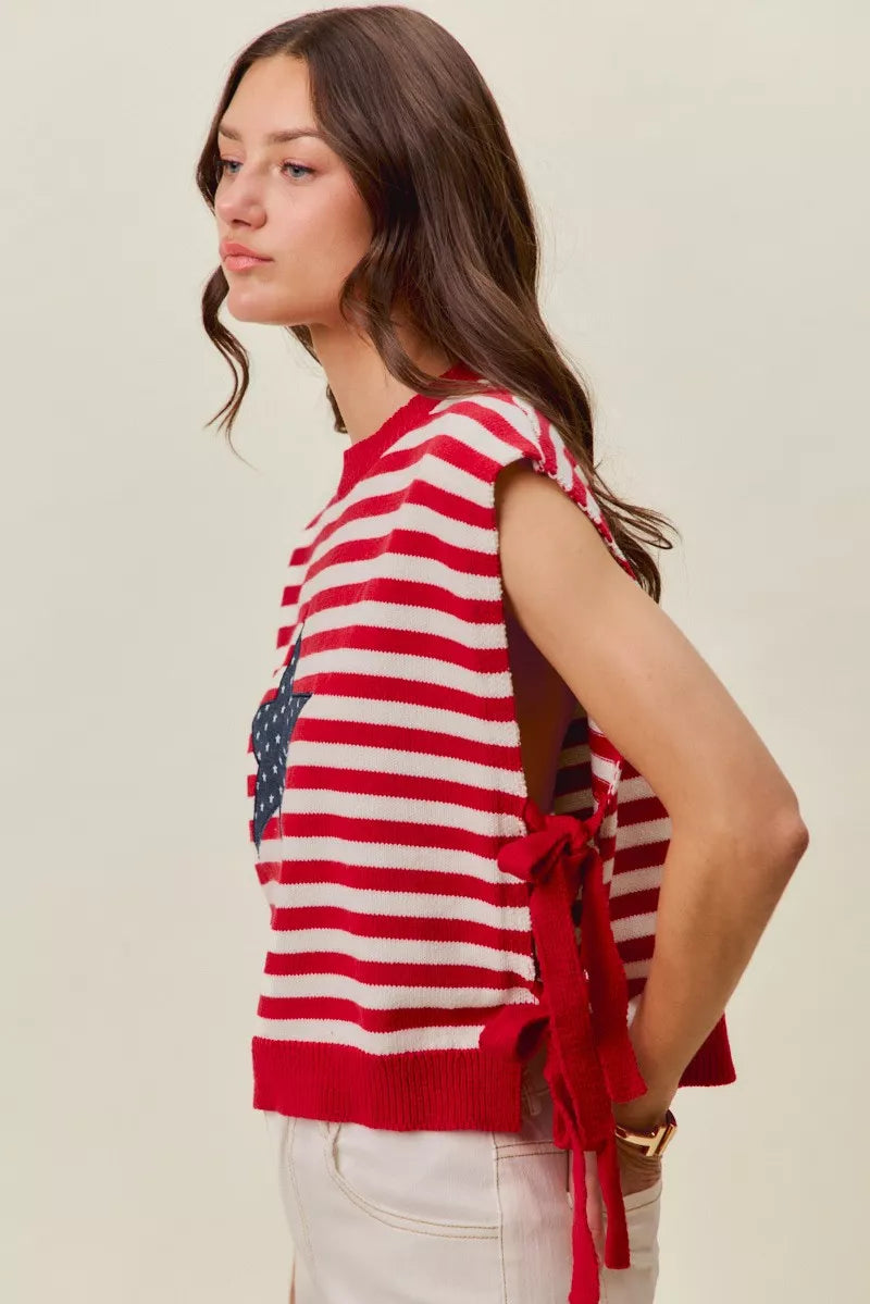 SO ME Stripe Star Patch 4th Of July Side Tie Vest Top