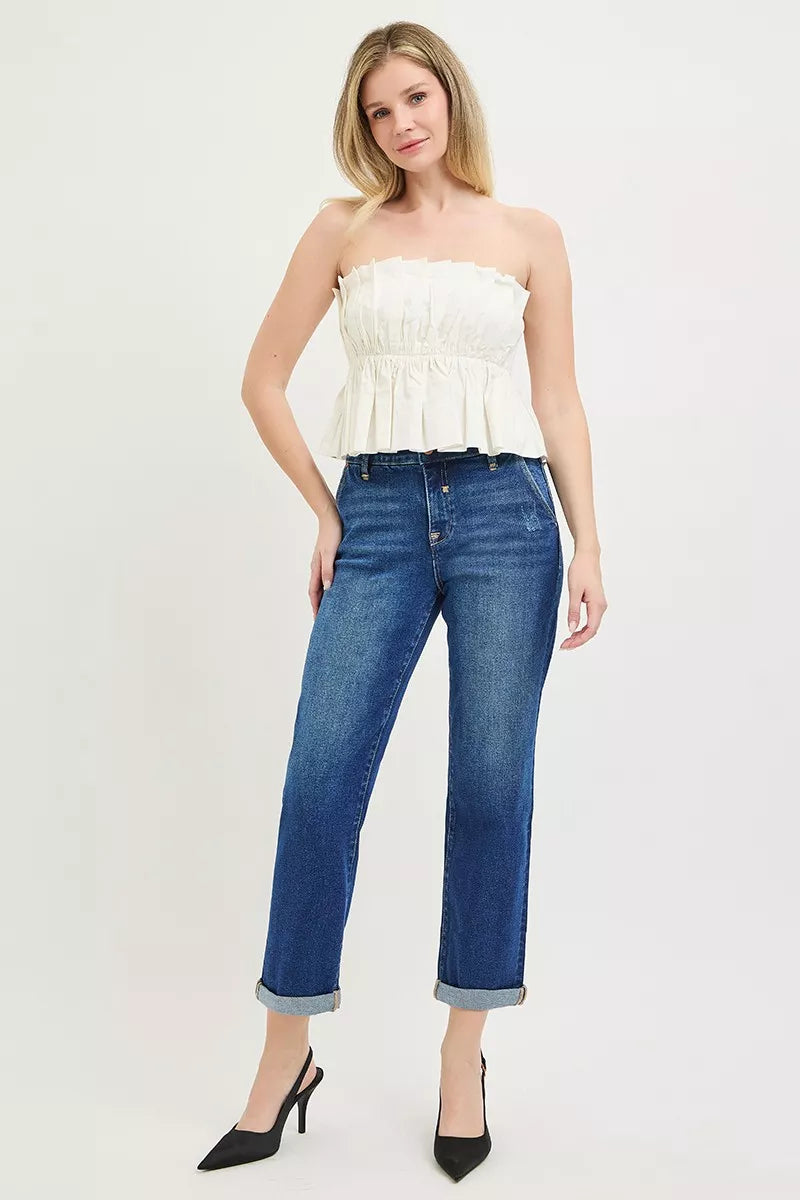 RISEN Slouchy Cropped Boyfriend Jeans with Cuffed Hem