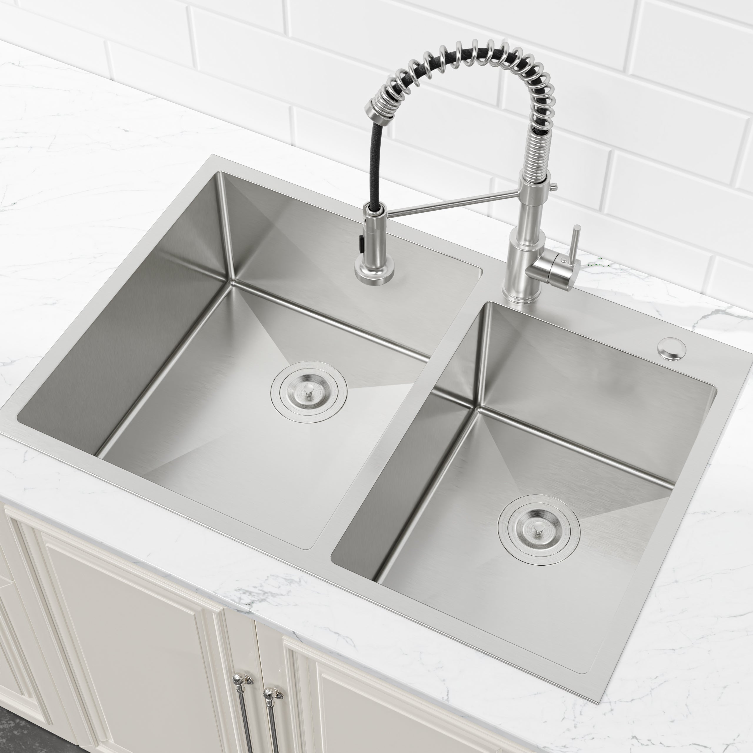 33'x19' Embedded Double Bowl Kitchen Sink, Overmount Handmade Sink in Brushed (Sink only)