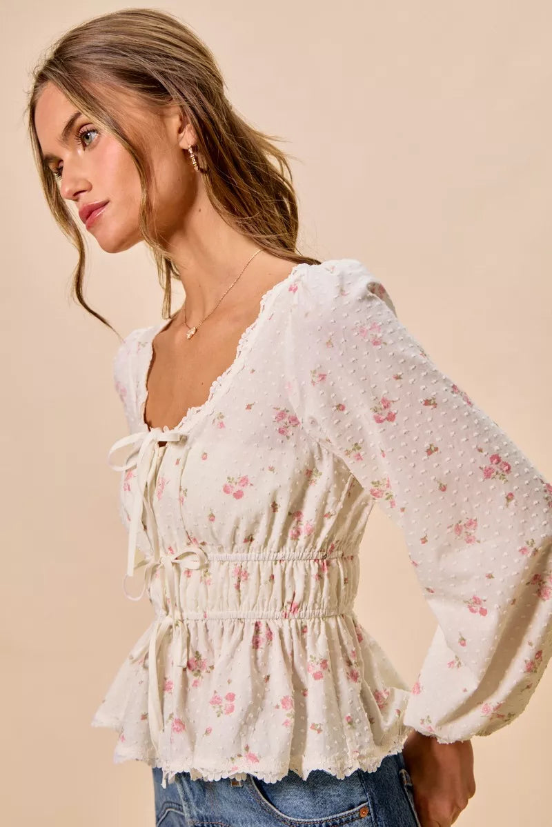 SO ME Floral Clip Dot Lace Trim Ruched Bodice Blouse