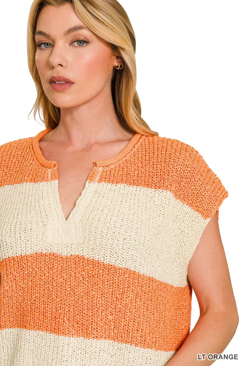 Zenana Split Neck Sleeveless Stripe Sweater