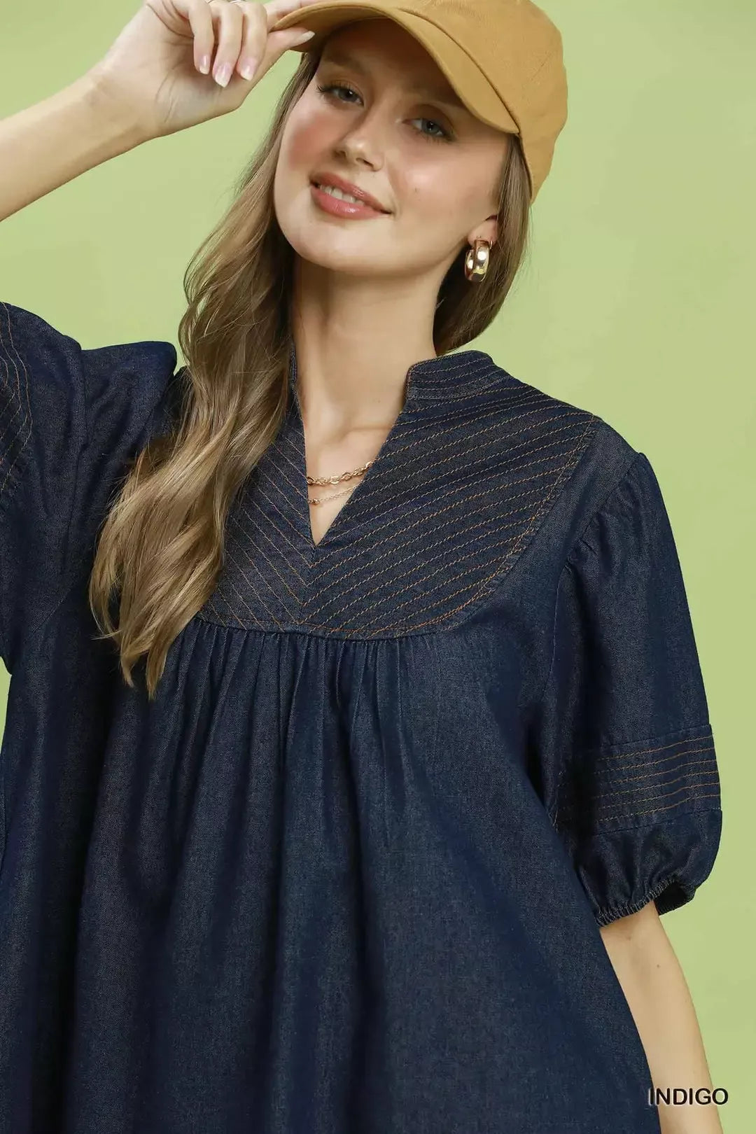 Umgee Notched Puff Sleeve Mini Dress with Pockets