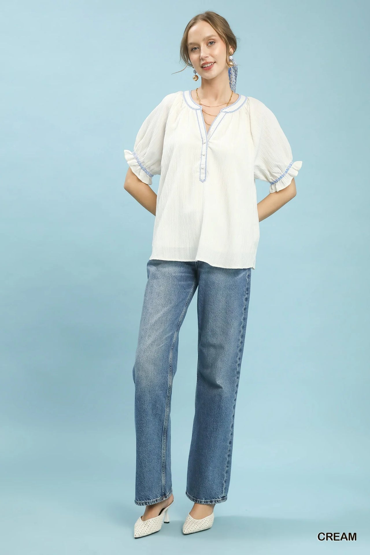 Umgee Textured Split Neck Puff Sleeve Top