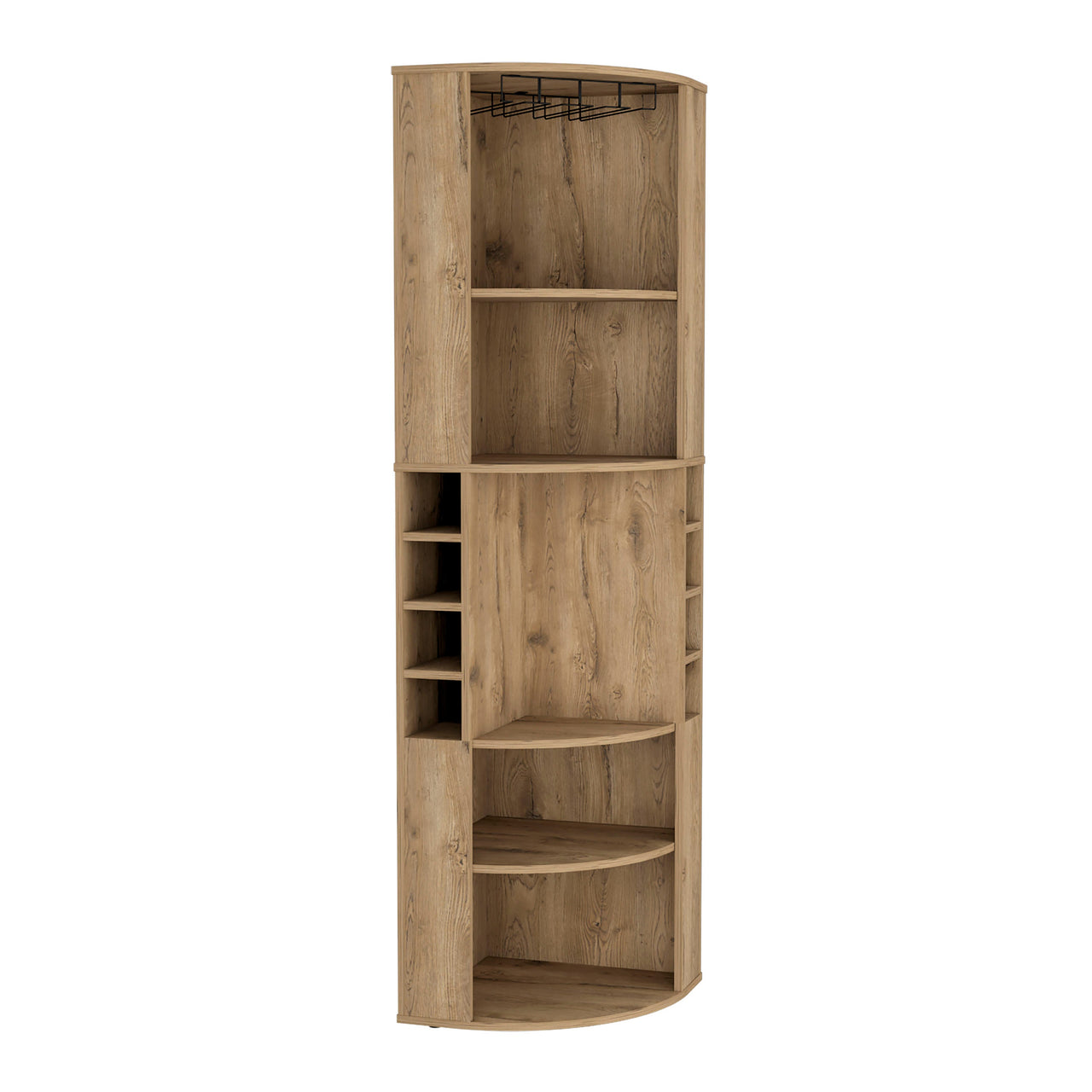 Corner Bar Cabinet 71'H with Five Shelves, Eight Bottle Cubbies and Stemware,Macadamia