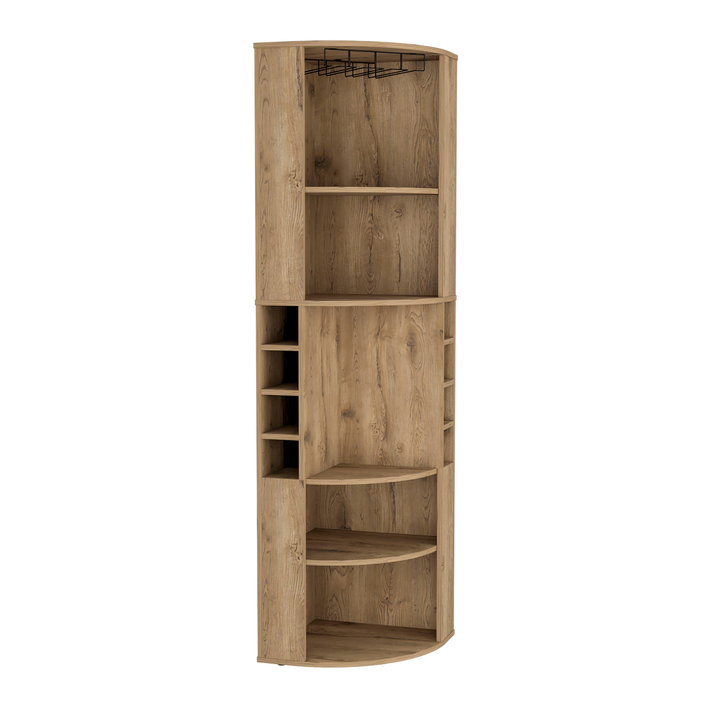 Corner Bar Cabinet 71'H with Five Shelves, Eight Bottle Cubbies and Stemware,Macadamia