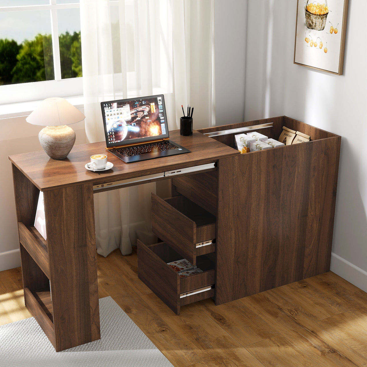 Computer Desk with Drawers, Modern Corner Home Office storage with extendable table, Study Writing Desk Workstation for Home,Office