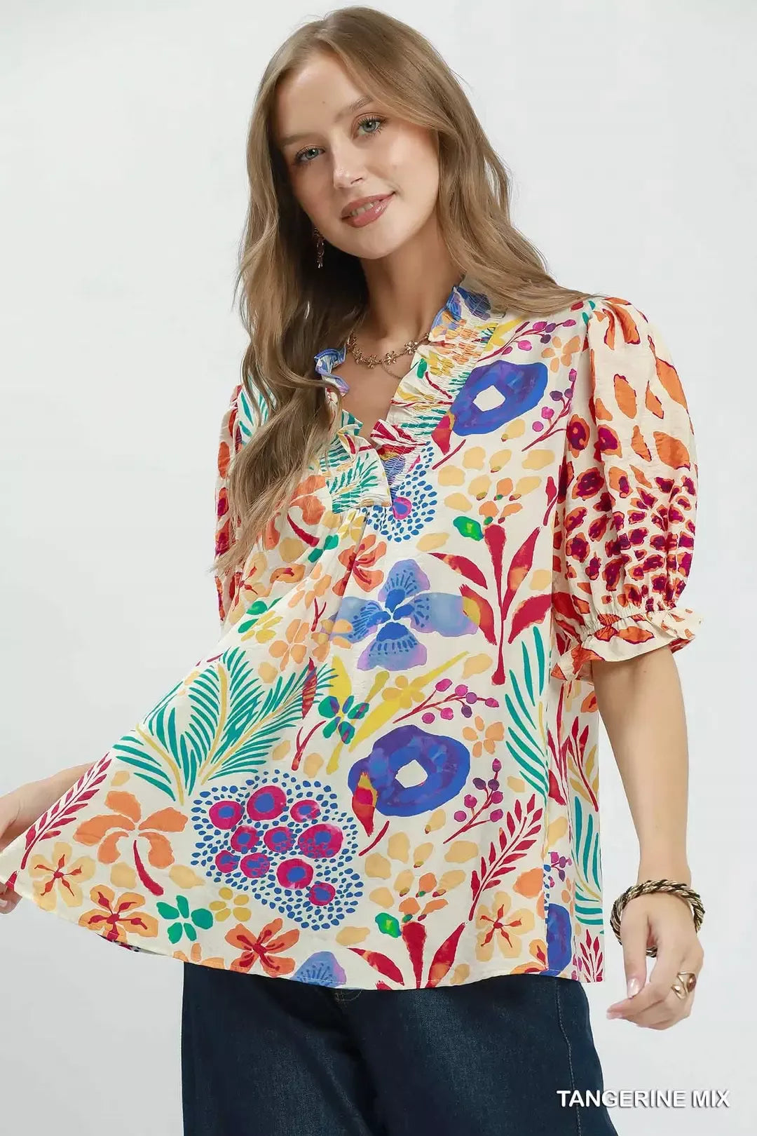 Umgee V-Neck Ruffle Trim Puff Sleeve Top