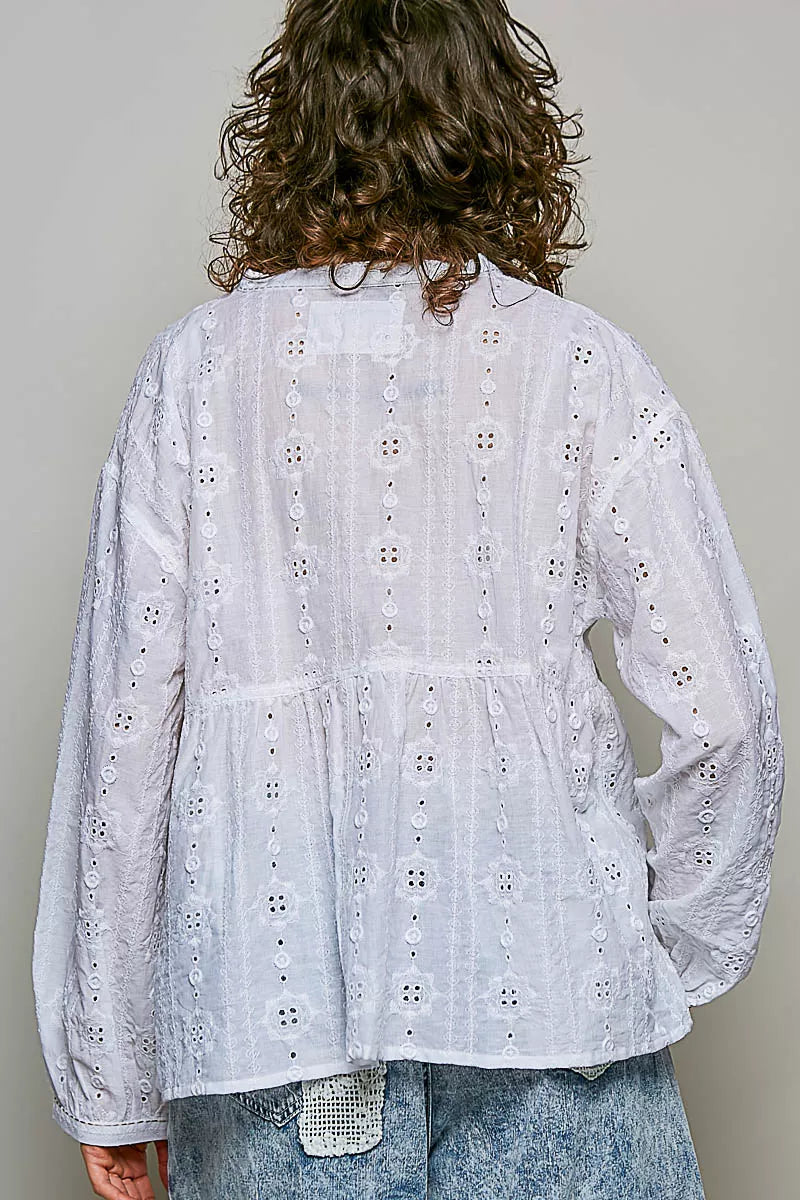 POL Lace Eyelet Long Sleeve Cotton Blouse