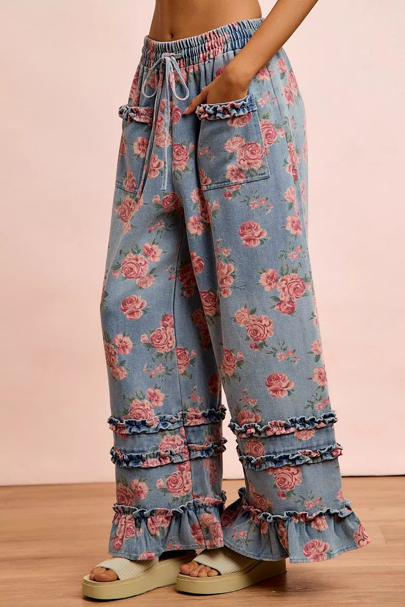 BiBi Washed Floral Denim With Ruffle Elastic Wide Pants