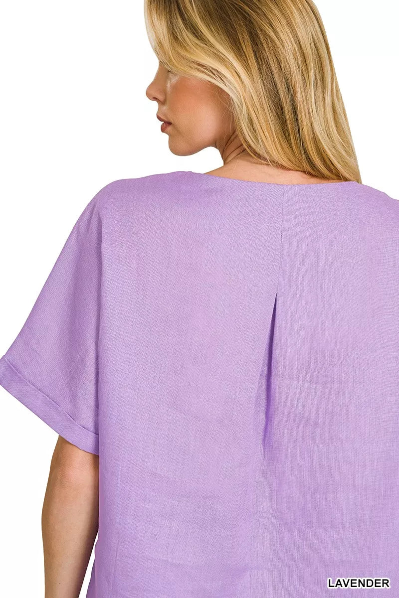 Zenana Linen Round Neck Cuffed Sleeve Top