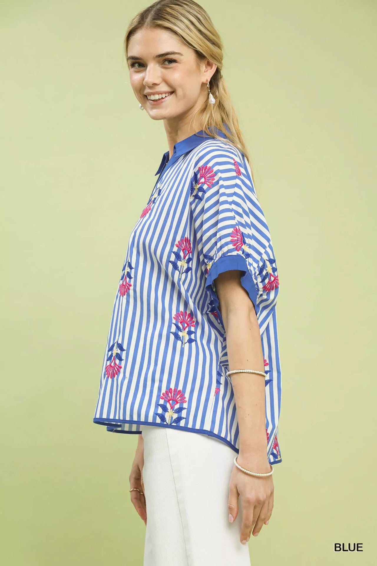 Umgee Stripe Embroidered Button-Front Boho Blouse