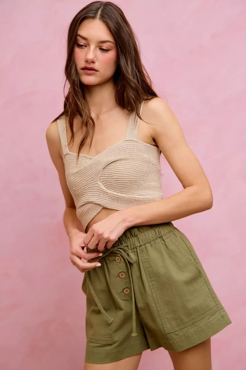 SO ME Paper Bag Patch Pocket Drawstring Twill Shorts