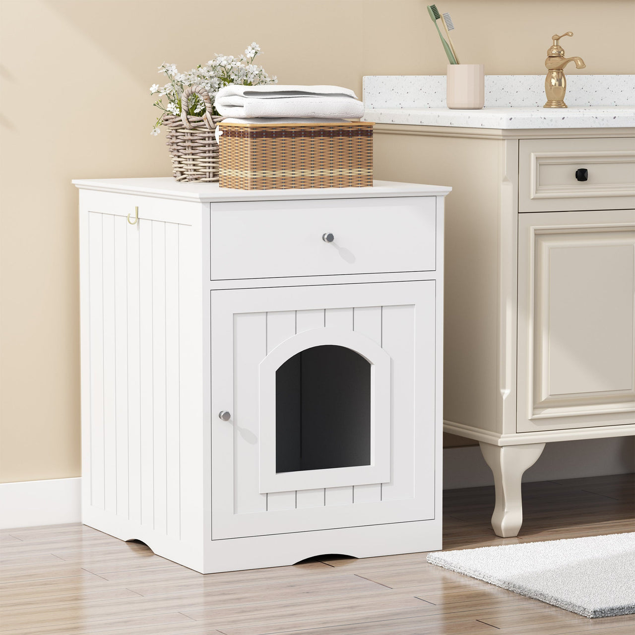 White Wooden Pet House Cat Litter Box Enclosure with Drawer and Side Table, Indoor Cat Home Nightstand for Small Cats, MDF Construction, 18.9'' W x 20.9'' D x 25'' H