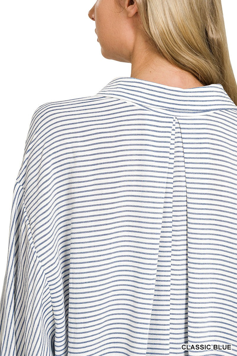 Zenana Woven Stripe Button Down Shirt