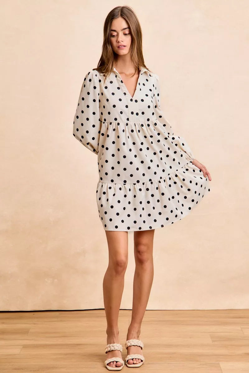 BiBi Polka Dot Corduroy Collared V Neck Dress
