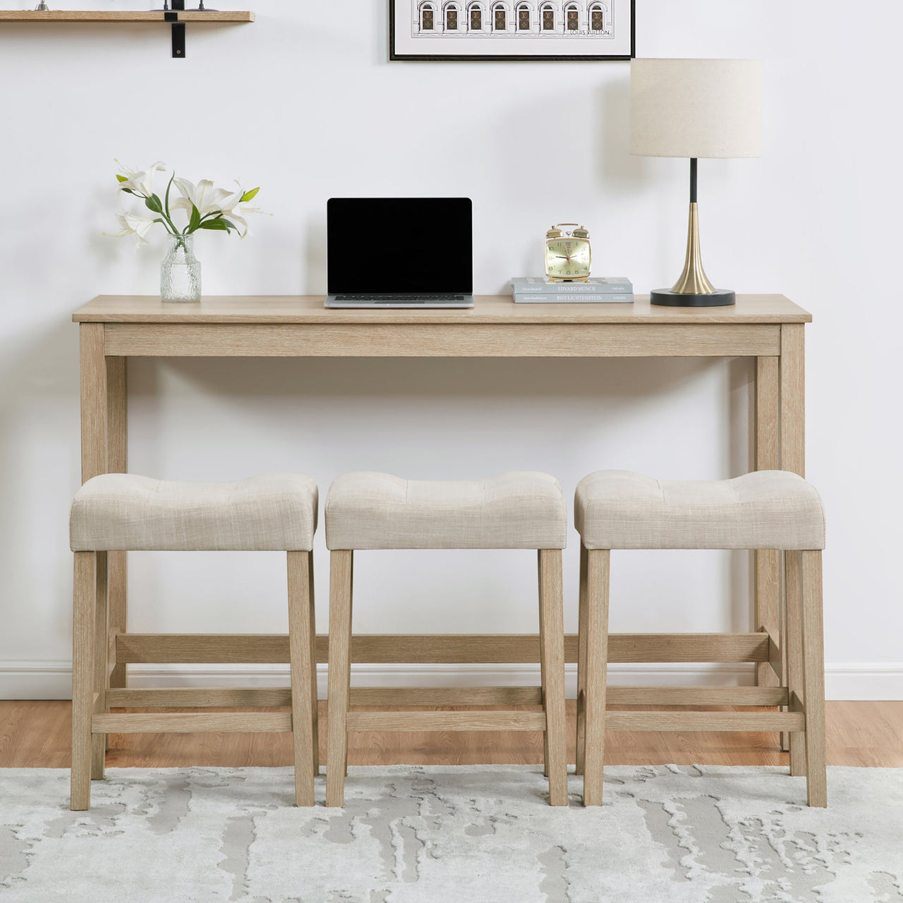 4 Piece Bar Table Set with Power Outlet,Bar Table Set with Chairs,Sofa Bar Table with Stools,Behind Couch Table with 3 Padded Stools for Living Room,Dining room, Light Oak