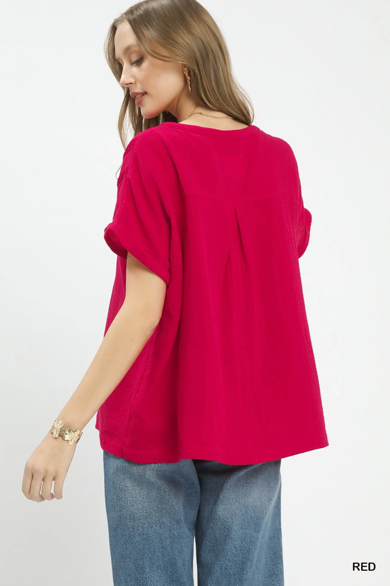 Umgee Textured Gauze Split-Neck Boho Blouse