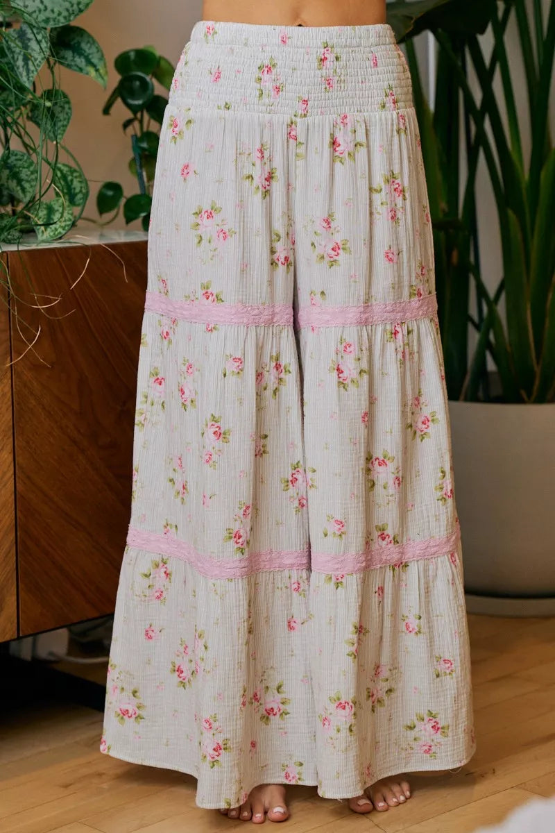 BiBi Rose Printed Gauze Trim Detail Smocked Maxi Pants