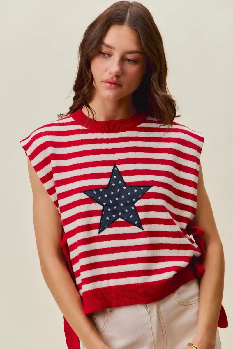 SO ME Stripe Star Patch 4th Of July Side Tie Vest Top