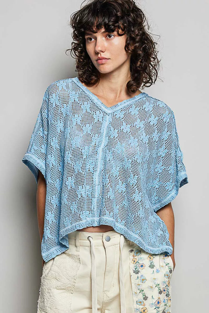 POL Crochet Lace Short Sleeve Top