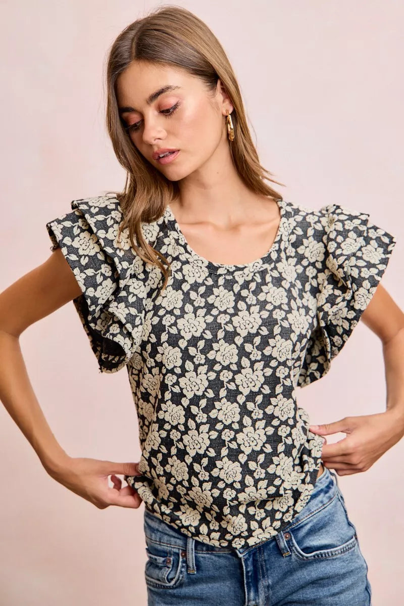 BiBi Floral Jacquard Ruffle Sleeves Knit Top