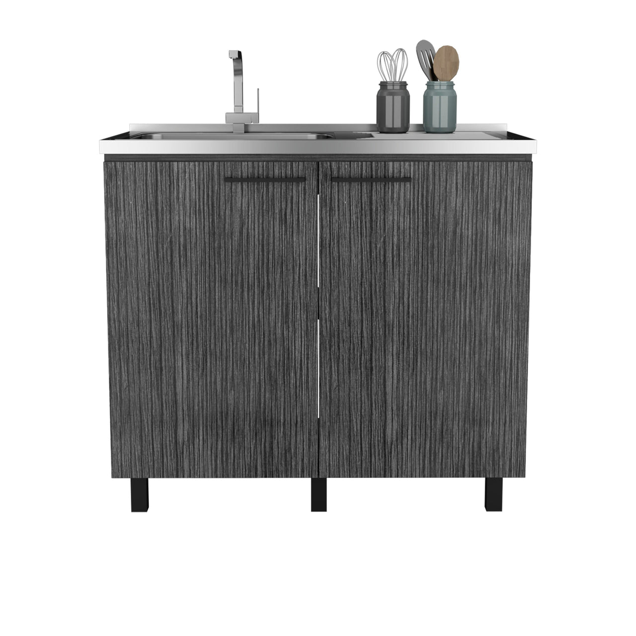 2 Freestanding Utility Base Cabinet with Stainless Steel Countertop and 2-Door, Smokey Oak