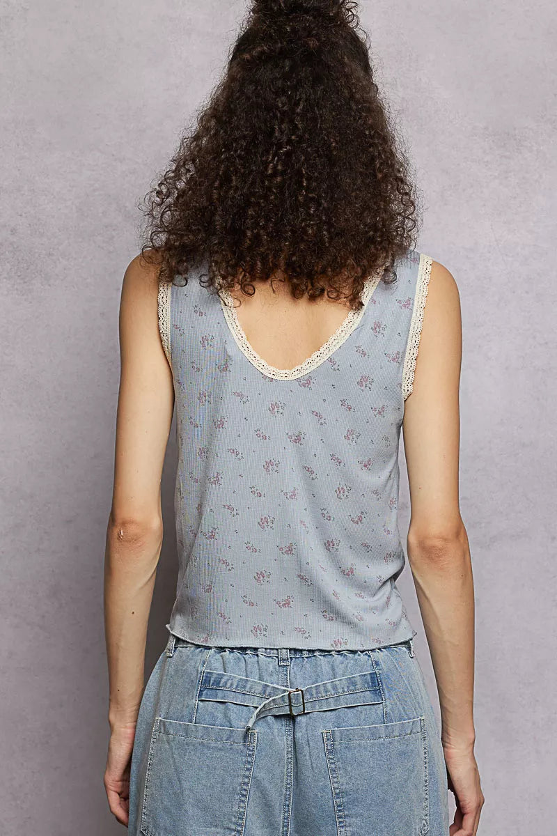 POL Ruched Floral V-Neck Tank with Lace Detail